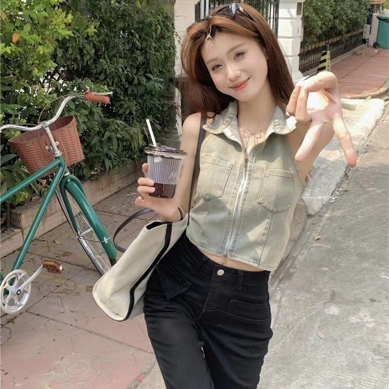 Polo collar denim vest summer Korean style slim-fit short halter neck top trendy and sexy sleeveless inner wear for women221201