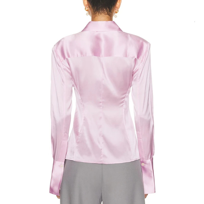Combhasaki Women Elegant Vintage Satin Silk Shirts Lapel Collared Buttondown Slim Fit Blouses Y2k Long Seeve Silky Cropped Tops 260330 - view 7