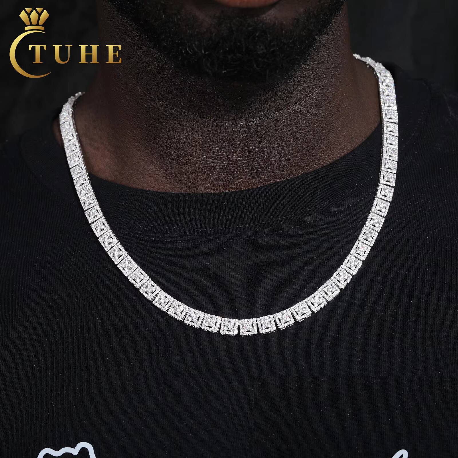 Fine Jewelry 8mm 925 Sterling Silver VVS Moissanite Gold Plated Four Leaf Clover Square Geometric Link Chain Necklace