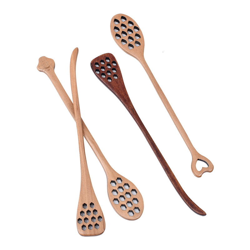 Spoon Heart Shape Honeycomb Long Handle Wooden Coffee Honey Stirring Stick For Dessert Milk Tea Seasoning