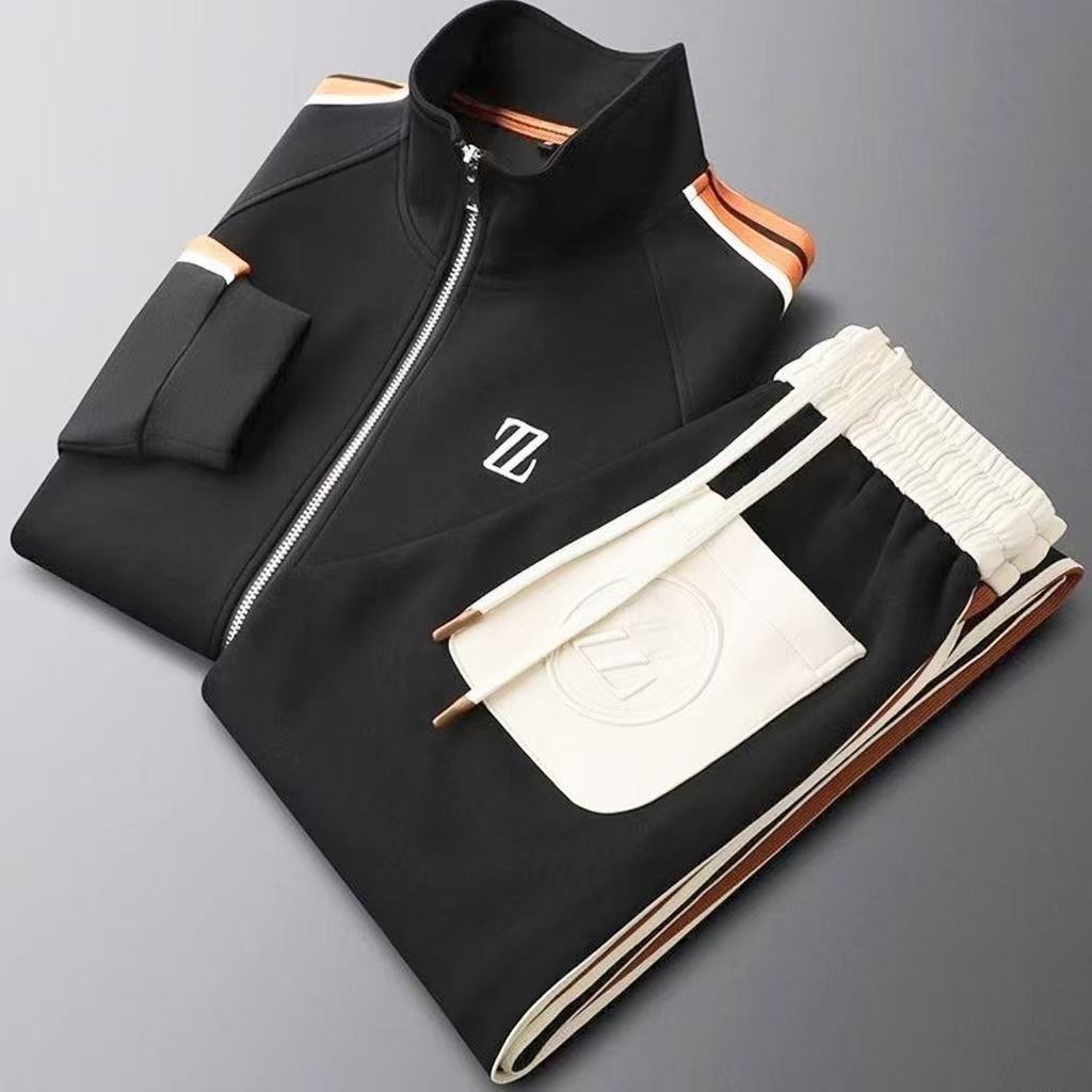 Men's New Autumn Stand Collar Casual Sports Set, Trendy Fashion Sportswear, Long Sleeve & Straight-Leg Pants 2-Piece Set