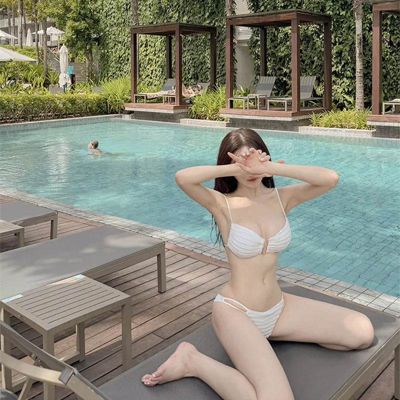 Sexy Solid Fabric Camisole Style Swimming Costume with Deep V-Neck Design