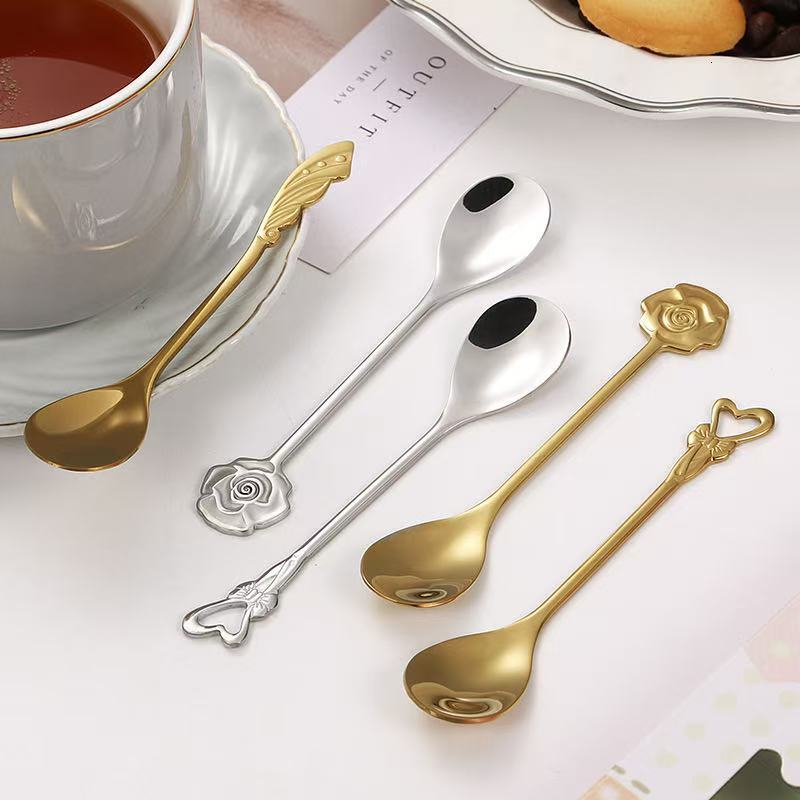Spoon 10pcs Exquisite 304 Stainless Steel Coffee Spoon Floral Pattern For Home Use
