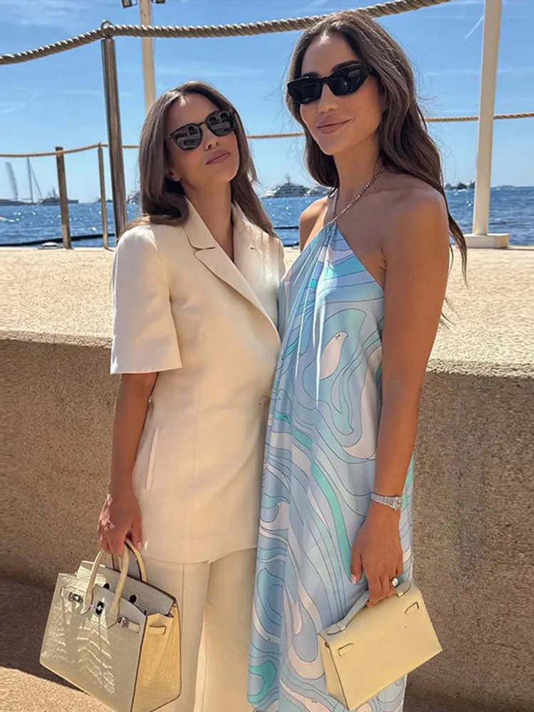 Printed Ripple Backless Halter Long Dress Woman Loose Irregular Hem Sleeveless Robes Fashion Casual Vacation Womens Dresses 260409