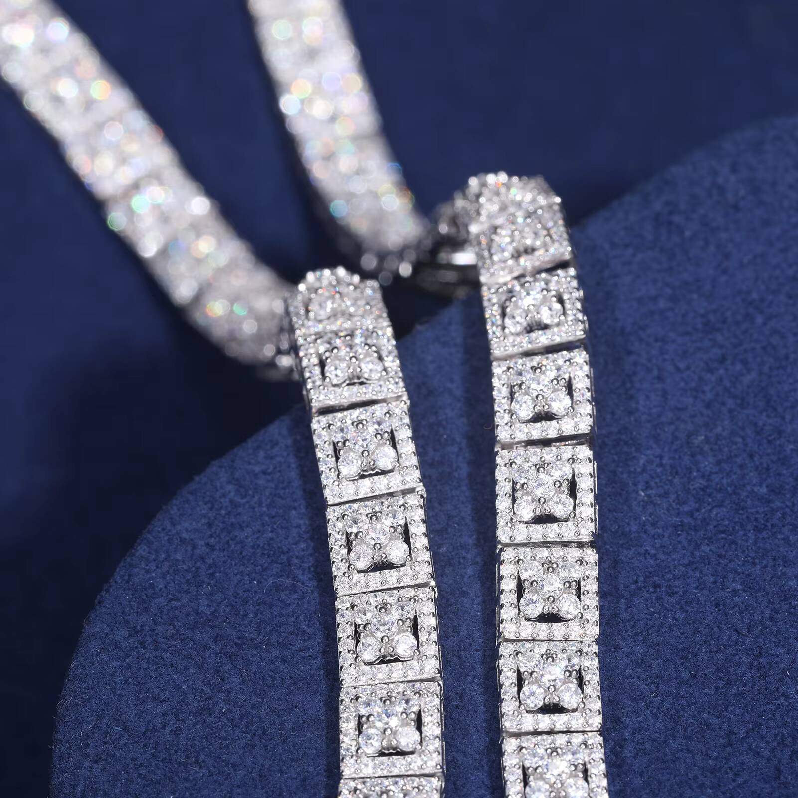 Fine Jewelry 8mm 925 Sterling Silver VVS Moissanite Gold Plated Four Leaf Clover Square Geometric Link Chain Necklace