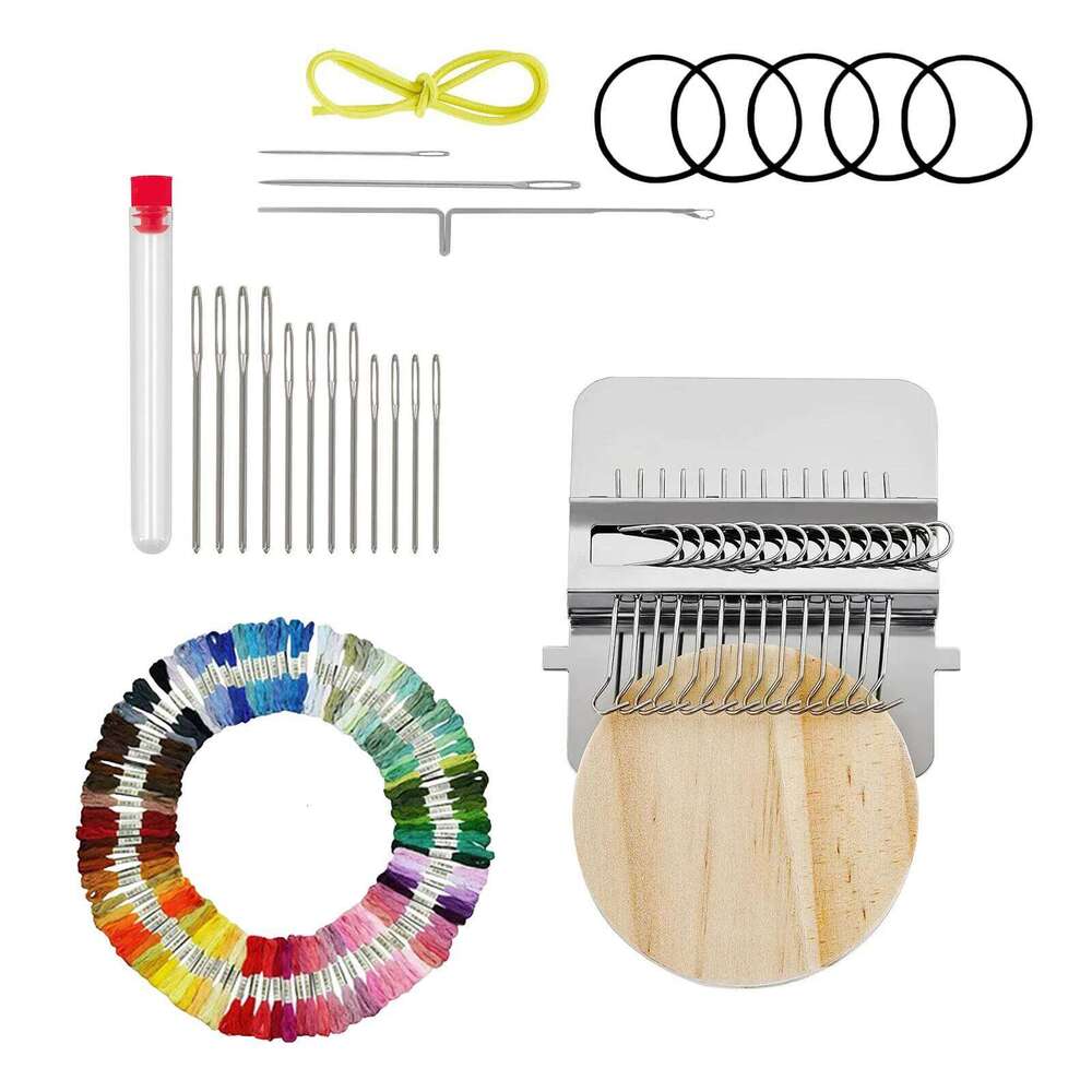 Mini Darning Loom, Mushroom Knit Patch Kit w/ 14 Hooks Hand Tapestry Wood Loom Weaving Frame 50/100 Color Thread for DIY Mending - view 7