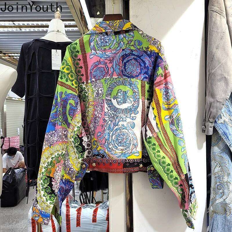 Women Harajuku Print Denim Jacket Casual Korean Style Cropped Coat Streetwear Fashion Outwear Y2K Tops Vintage Jean Jacket MAKOUFEI