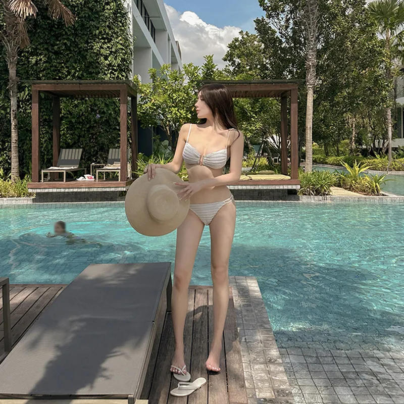 Sexy Solid Fabric Camisole Style Swimming Costume with Deep V-Neck Design