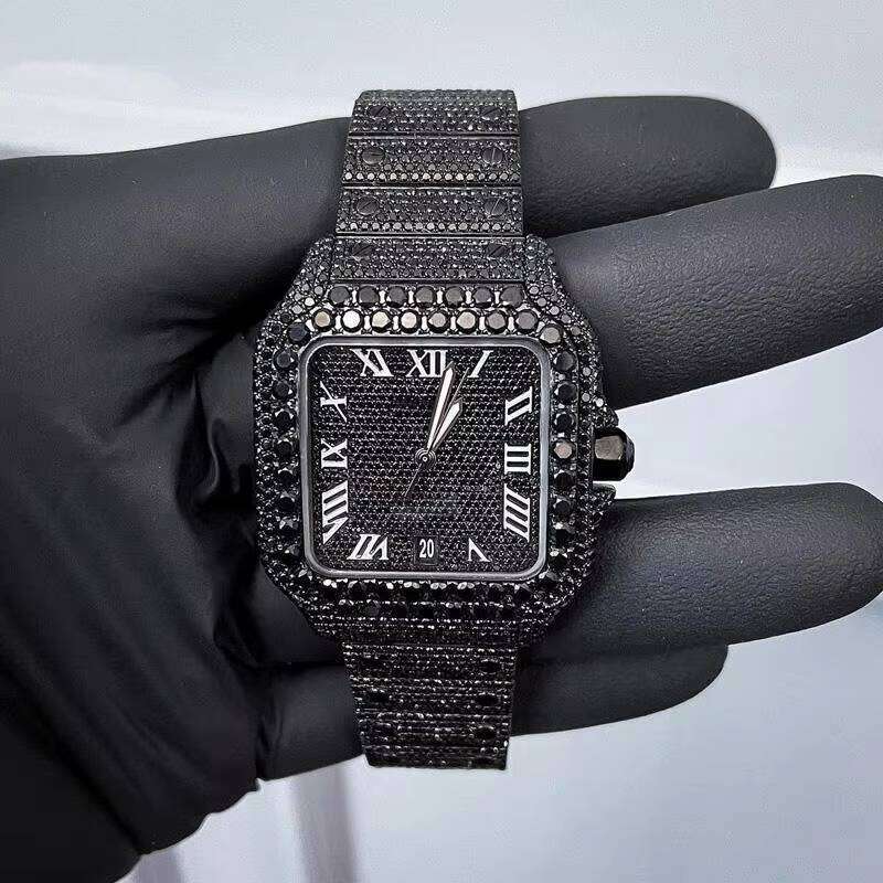 Luxury Black Moissanite 904L Stainless Steel Iced Out Arabic Numerals Automatic Bustdown Watch