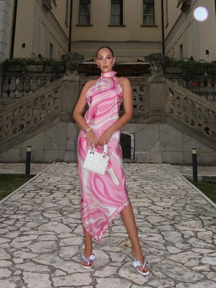 Lady Sexy Printed Halter Dress Sleeveless Off-shoulder Backless Loose Irregular Robe 2026 Summer Women Vacation Street Vestidos 260409