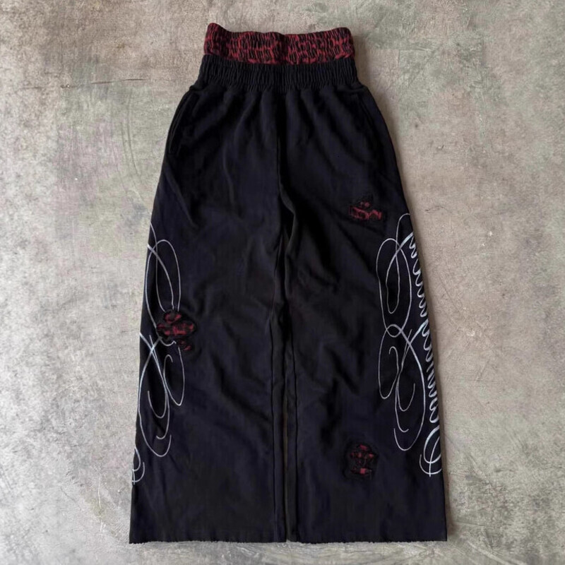 Men Pants Sweatpants Mens Red Leopard Print Distressed Sweat Pants Unisex Loose Korean Streetwear Wide Leg Pants