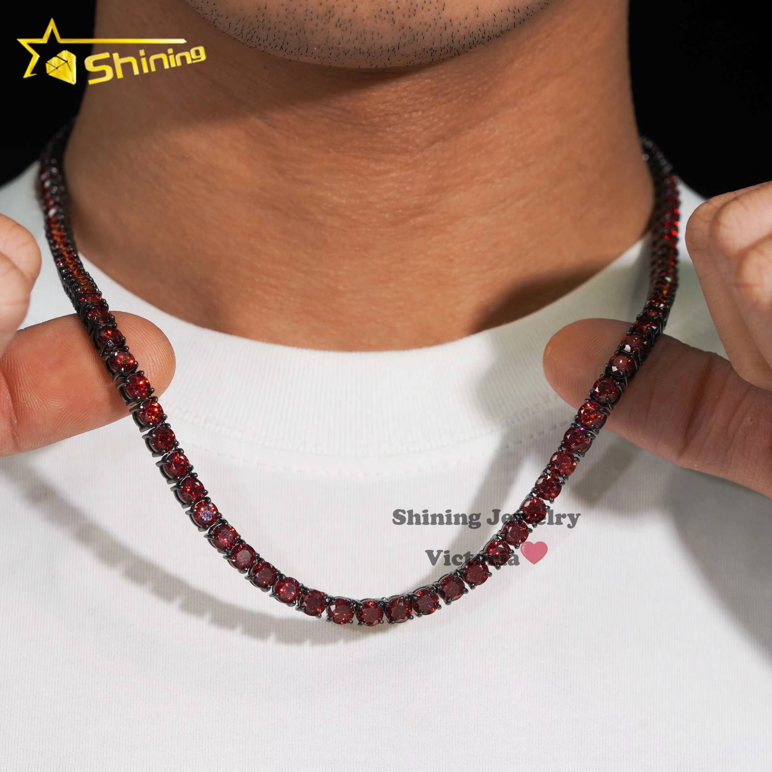 New Arrival 925 Sterling Silver 5MM Red Moissanite Tennis Chain Black Gold Plating 925 Silver Hip Hop Moissanite Necklace