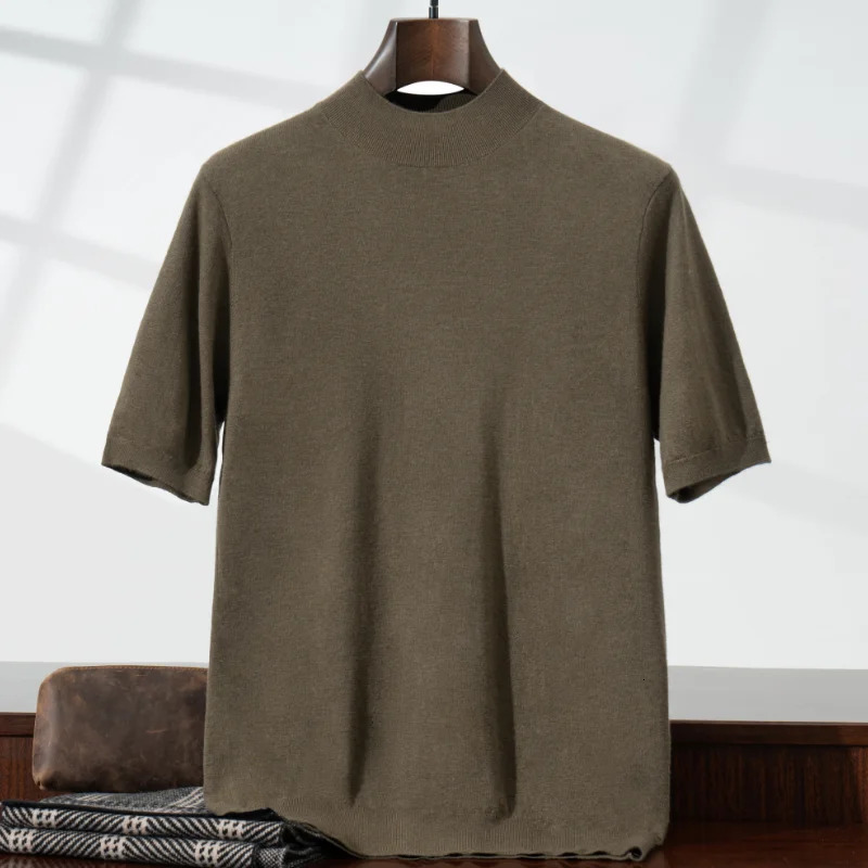 Summer 25 mens knitted 100 wool sweater Tshirt casual short sleeved thin half high neck pullover 260402