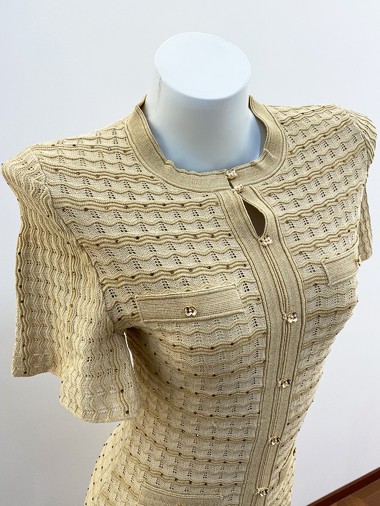 Casual Dresses Women's Knitted Midi Dress Elegant Round Neck Diamond Embellished Waist Cinched Ladies Short Sleeved Long Robe With Buttons