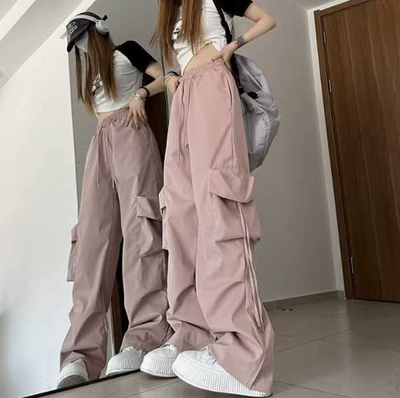 American-style retro quick-drying high-waisted work pants with women's three-dimensional pockets and straight-leg wide-leg design H260410