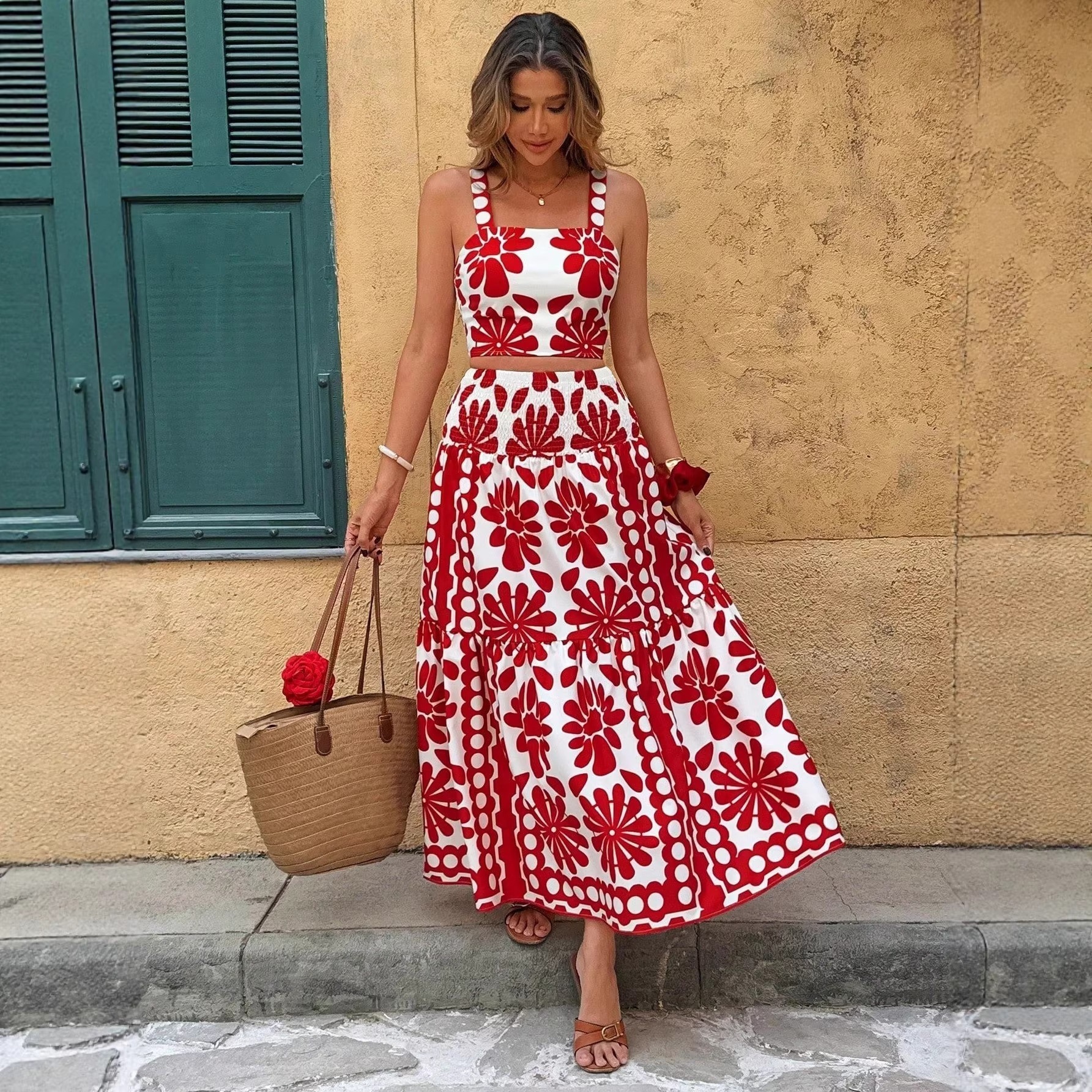 2026 New Designer Luxury Brand Urban Sexy Women's Clothing European And American Summer Breathable Casual Printed Suspender Long Skirt Set Wholes