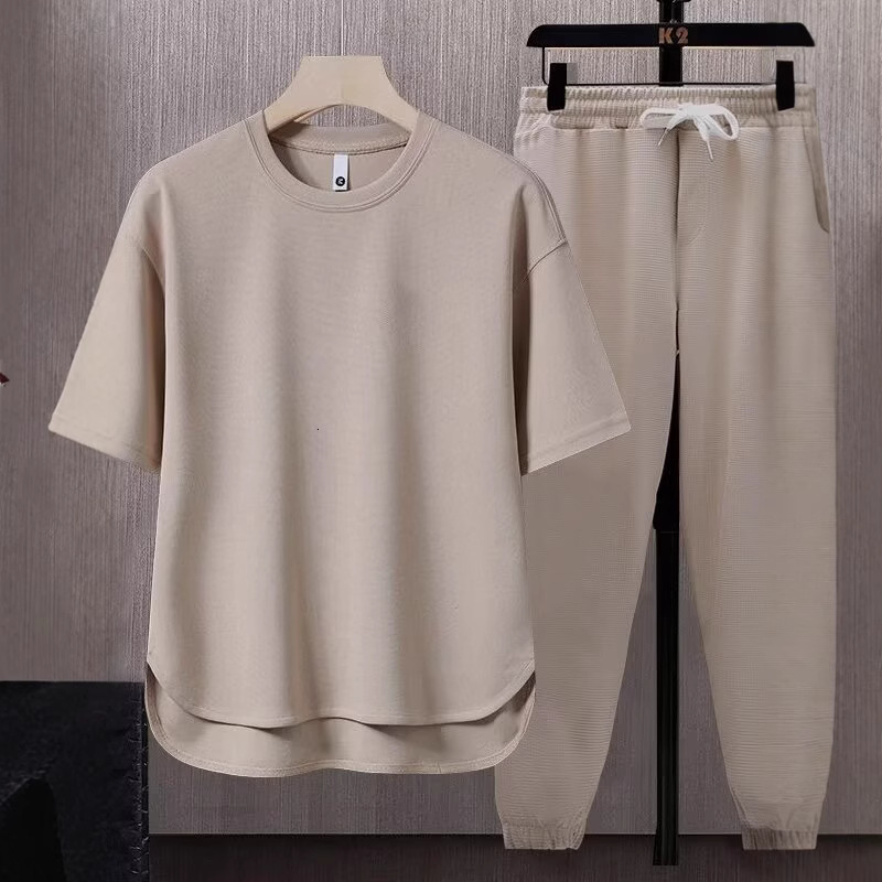 Matching Set Solid Color Men's T-shirt 2026 Designer T-shirt Summer Japanese Trend Ins Short Sleeve Long Pants Two-piece Set
