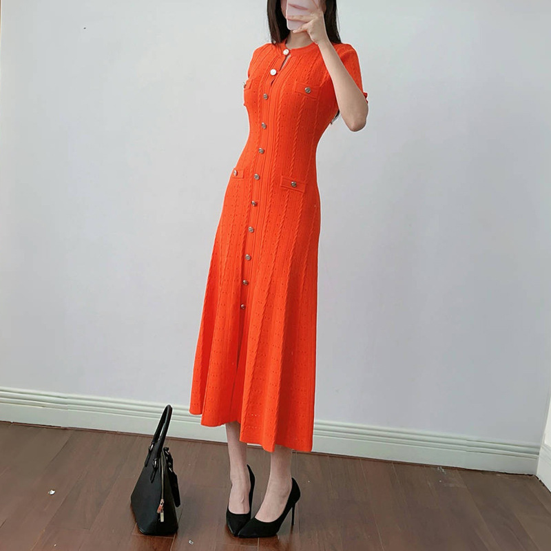 Casual Dresses Summer Solid Round Neck Short Sleeved Office Lady Knitted Dress Women Korean Single Breasted Hollow Out Long Fashion Trend