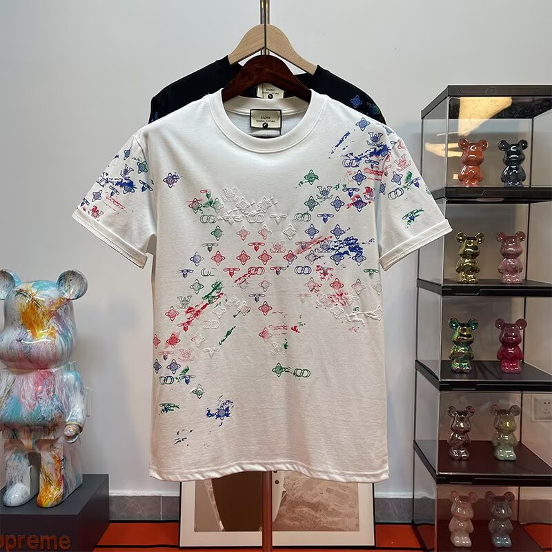 Luxury Designer 2026 New Men's Color Splash Monogram Print T-shirt Summer Casual Sport Fashion Outdoor Versatile Streetwear Cotton Short Sleeve