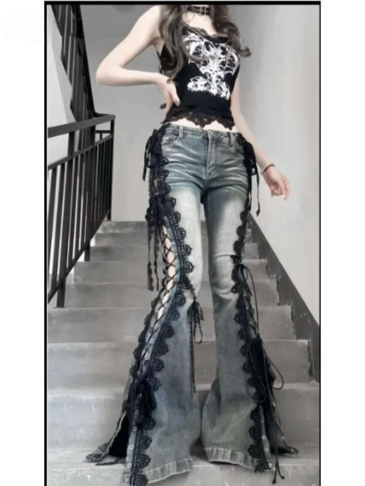 Women's Retro Eyelet Lace Flare Jeans, Low Rise Slim Denim Pants, Split Bell Bottom Bootcut Trousers, Vintage Streetwear Y2K Fashion MAKOUFEI