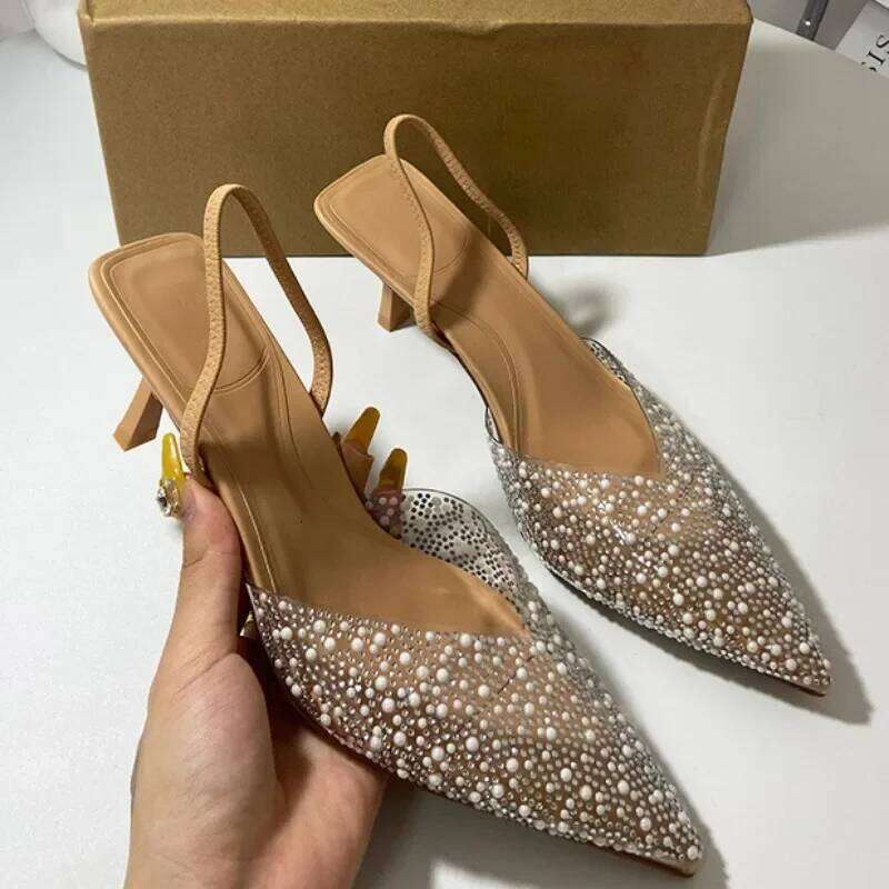 Women's Pointed High Heel Sandals 2025 Summer Sexy Transparent Shallow Fashion Artificial Pearl Decorated Slingback Ladies Shoes