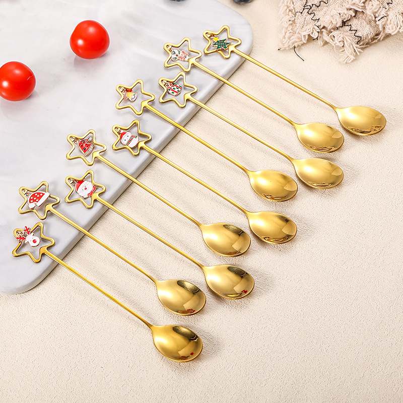 2pcs Cross-border stainless steel spoon and fork two-piece set, gold cake dessert coffee spoon, fruit fork, Christmas tableware