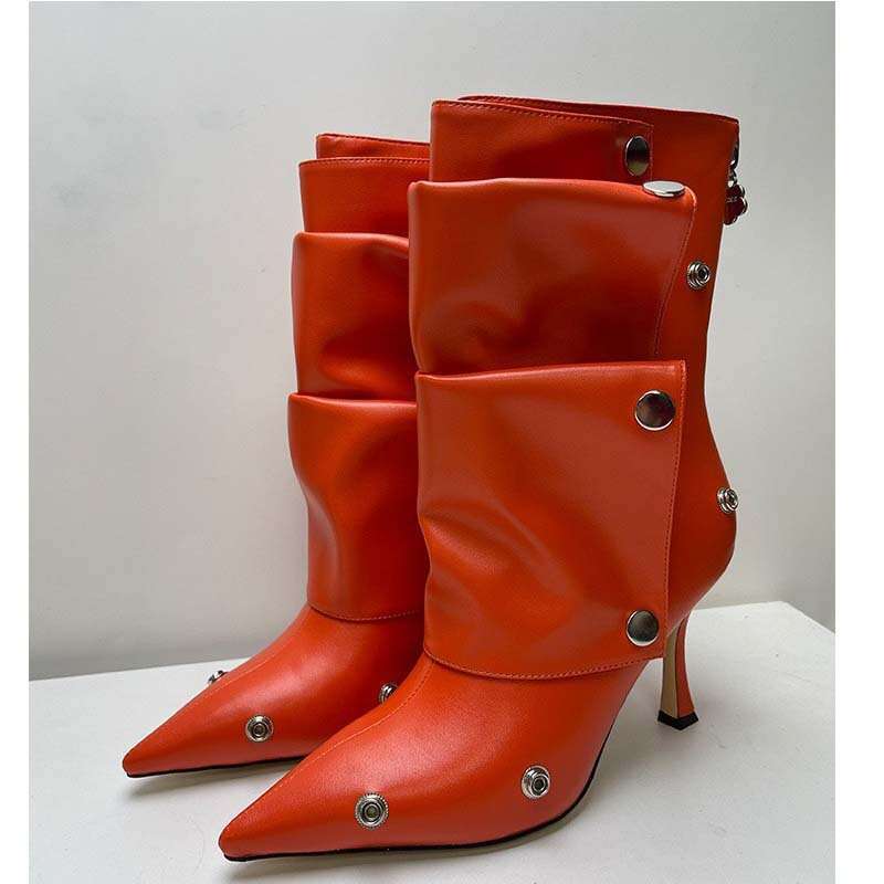 2024 European and American Foreign Trade Women's Shoes New High Heel Pointed Toe Metal Rivet Denim Patchwork Two-Way Wear Pile Large Size Short B