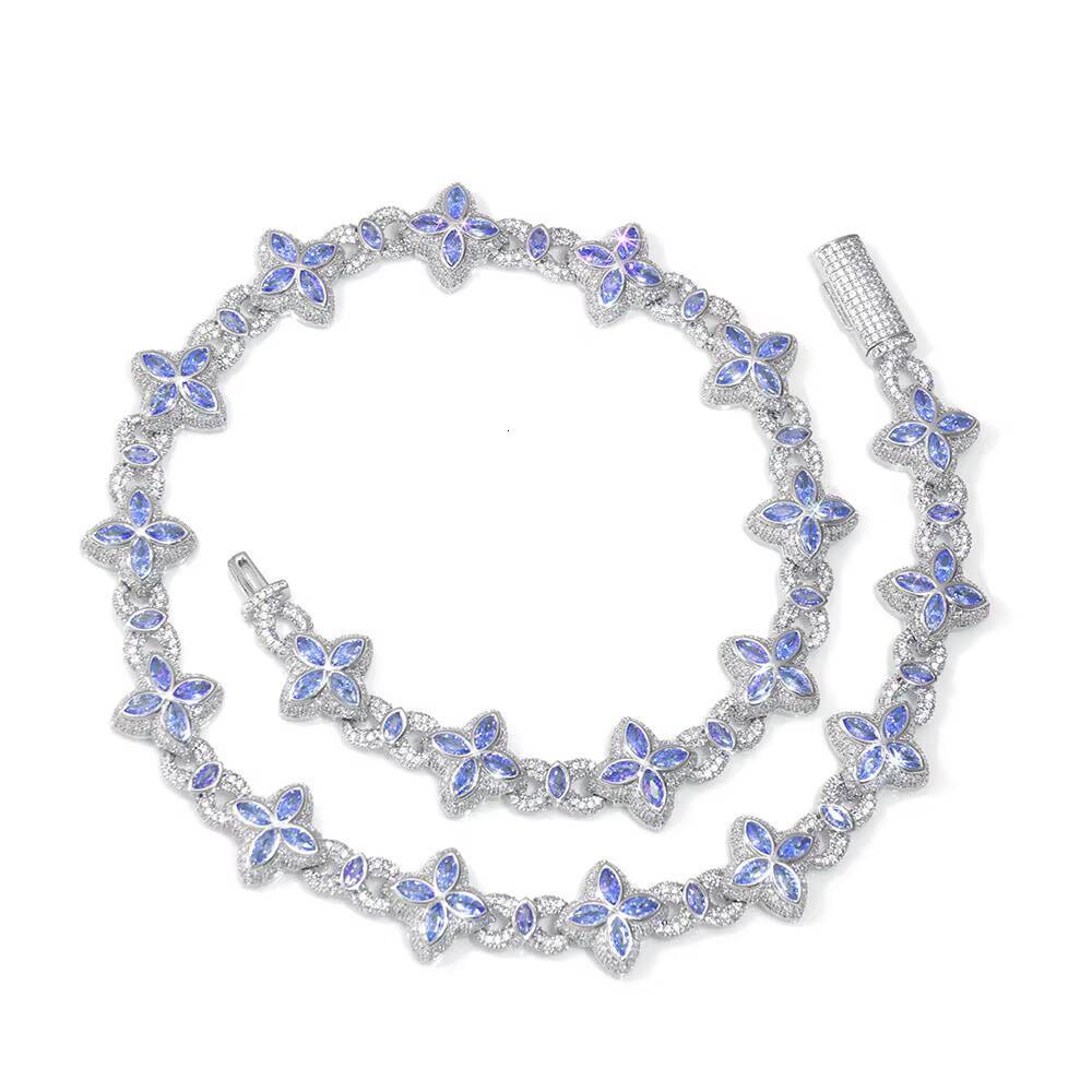 NUOYA Fine Jewelry Silver Plated Cuban Link Chain Colorful Eye Marquise Zircon Iced Out Diamond Four-Leaf Clover Chain Necklace