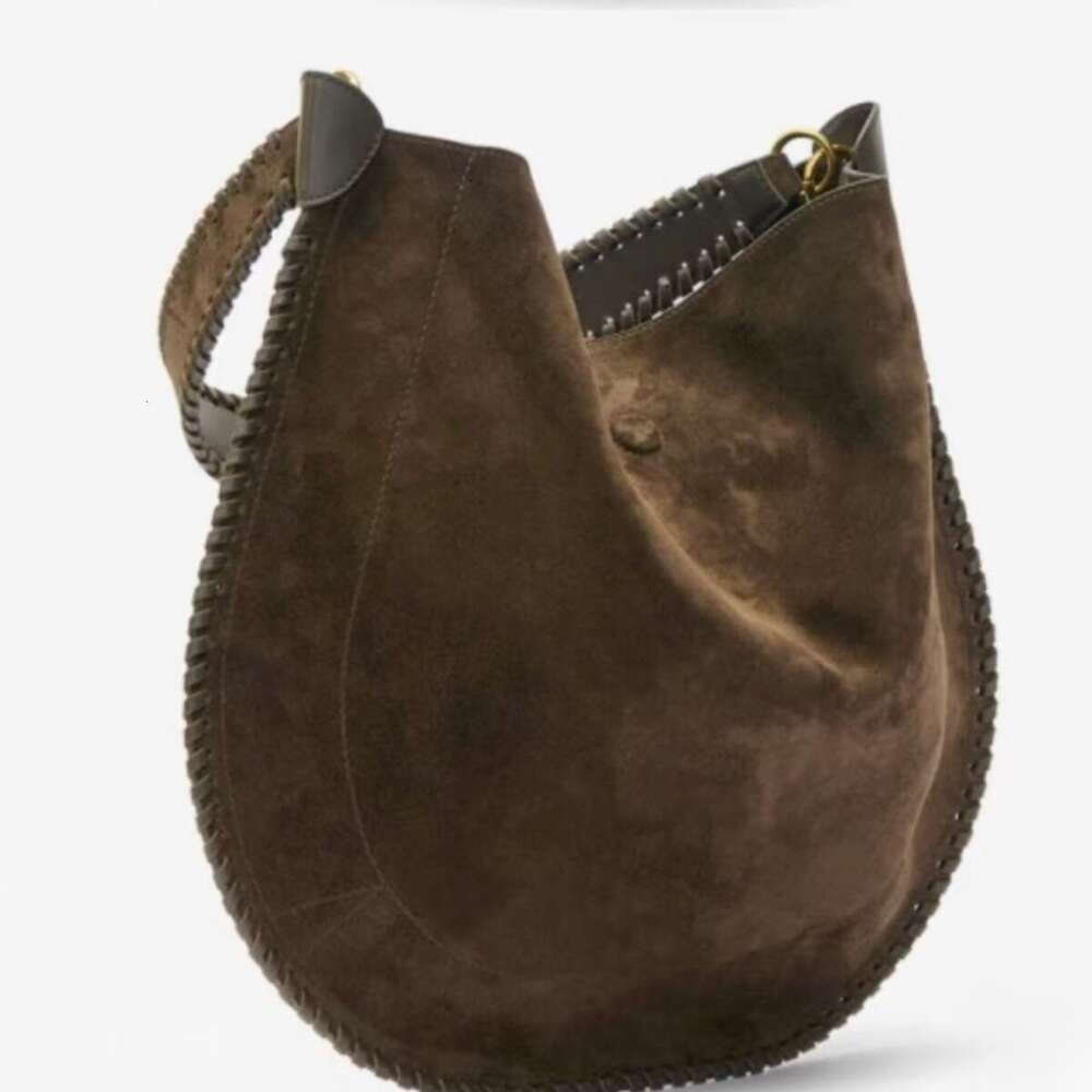 Design Drawstring Suede & Top Layer Cowhide Shoulder Bag, Light Luxury Vintage Soft Large Capacity Daily Commute Casual Women's Bag, New Autumn W