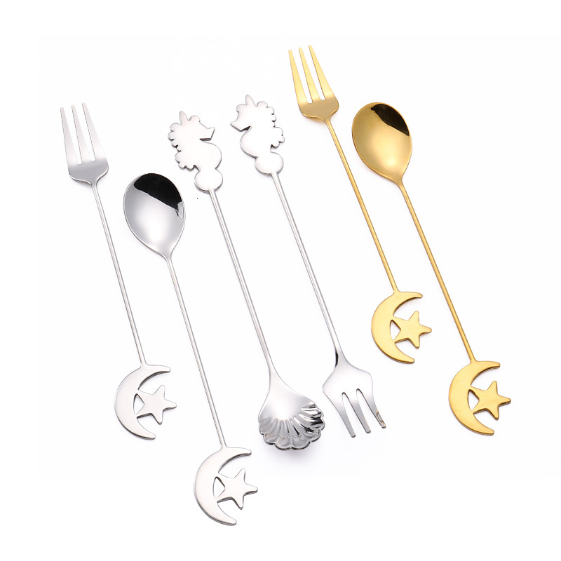 Fork Spoon Japanese Korean Creative Fruit Fork 304 Stainless Steel Star Moon Fork Spoon Seahorse Shell Coffee Stirring Spoon