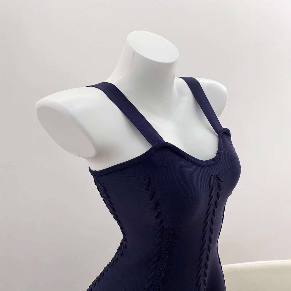 2026 early autumn new designer k30 dark blue and white retro design suspender dress+short sleeved cardigan