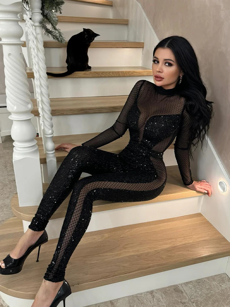 Mesh Patchwork Jumpsuits For Women Fashion Sexy Club Sequined Long Sleeves O-Neck Slim Fit See Through Romper Female Streetwear 260409