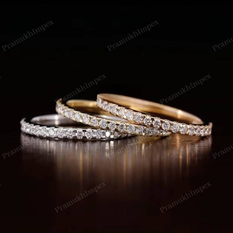 18K Yellow Rose White Gold Plated Round Lab Grown Diamond IGI Certified Dainty Eternity Stacking Wedding Band Wholesale Price