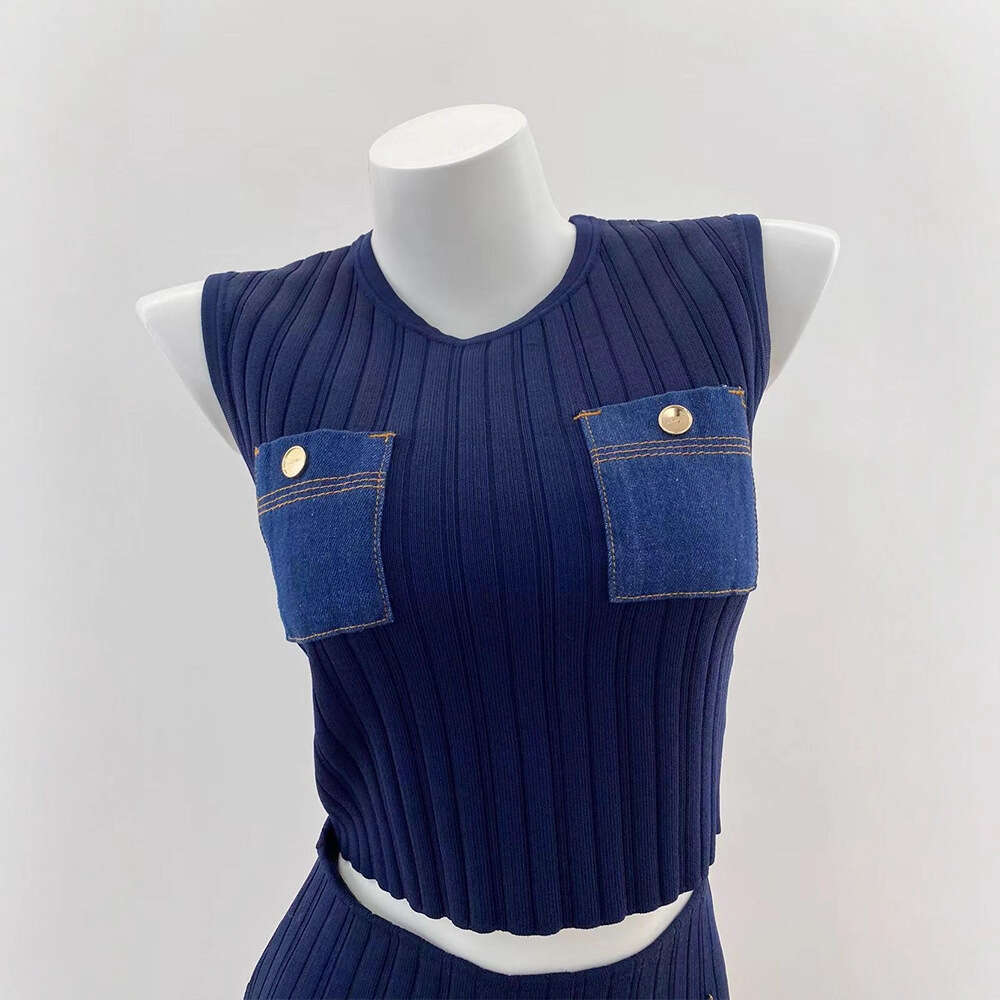 2026 Autumn New Designer Women's Ribbed Color blocked k30 Cowboy Knitted Tank Top+Short Skirt Set