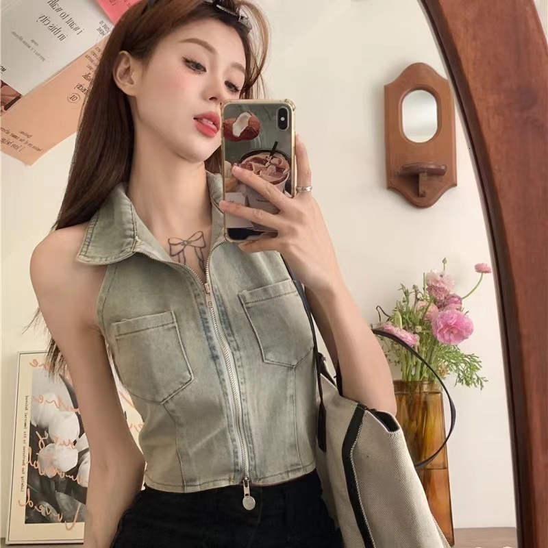 Polo collar denim vest summer Korean style slim-fit short halter neck top trendy and sexy sleeveless inner wear for women221201