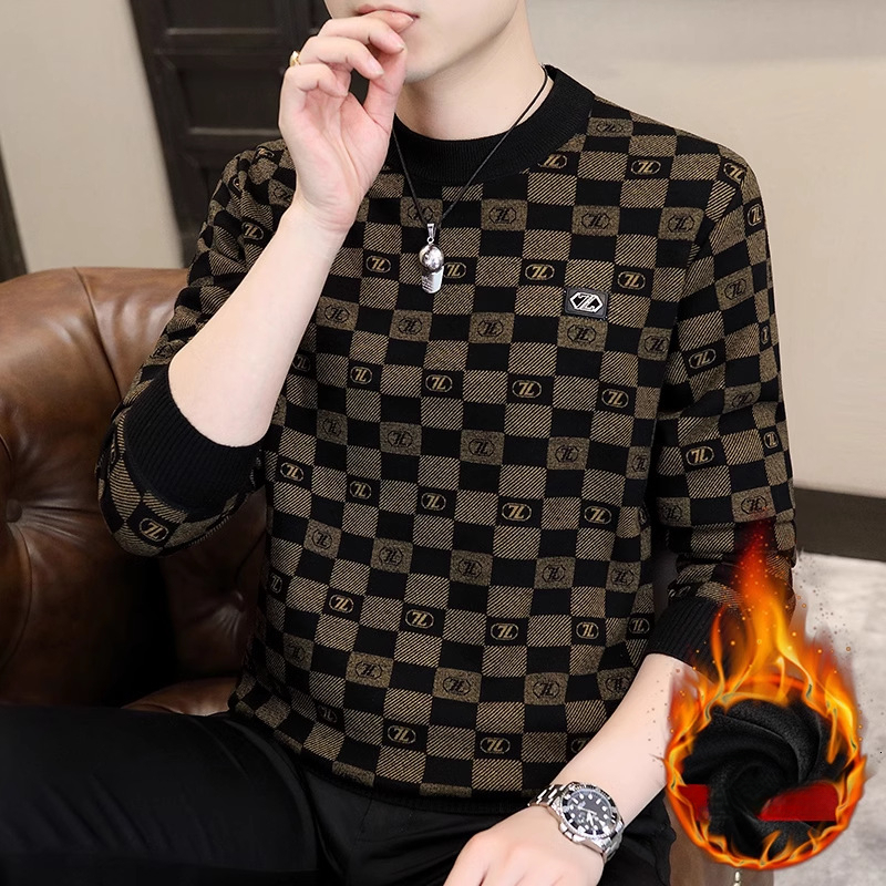 Designer Jacket - Men's Thick Wool Round-neck Sports Shirt Fall/winter Casual Checkered Long-sleeved T-shirt Warm Basic Style Blouse Luxurious Ja