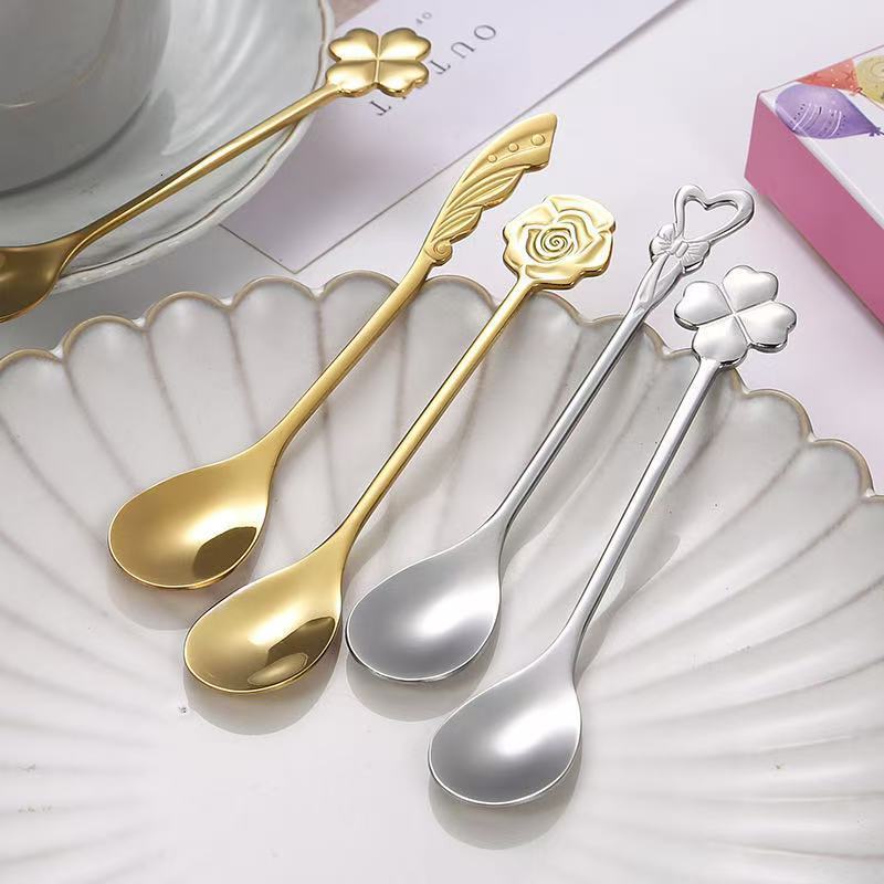 Spoon 10pcs Exquisite 304 Stainless Steel Coffee Spoon Floral Pattern For Home Use