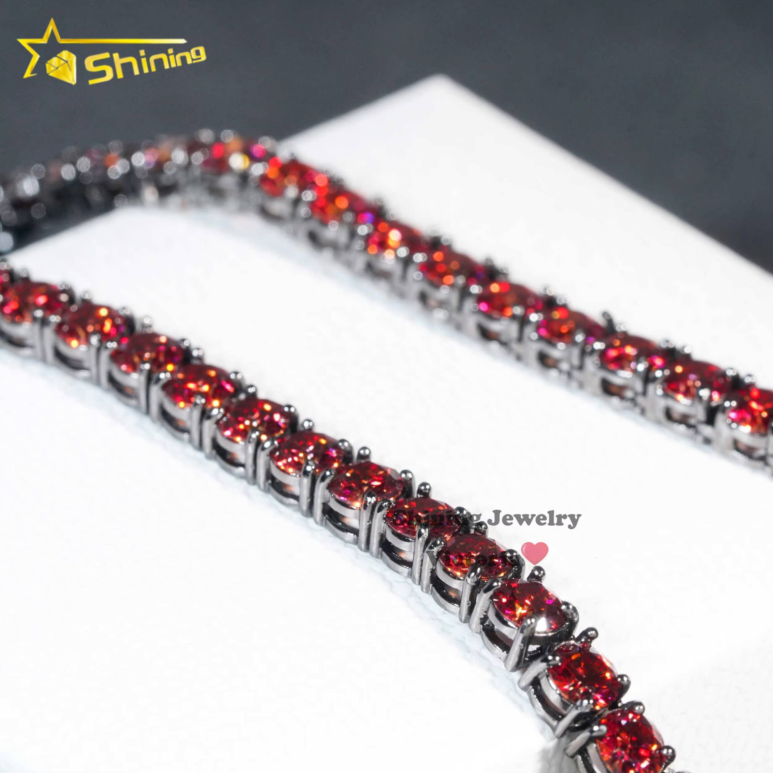 New Arrival 925 Sterling Silver 5MM Red Moissanite Tennis Chain Black Gold Plating 925 Silver Hip Hop Moissanite Necklace