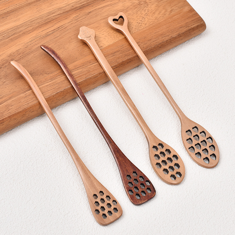 Spoon Heart Shape Honeycomb Long Handle Wooden Coffee Honey Stirring Stick For Dessert Milk Tea Seasoning