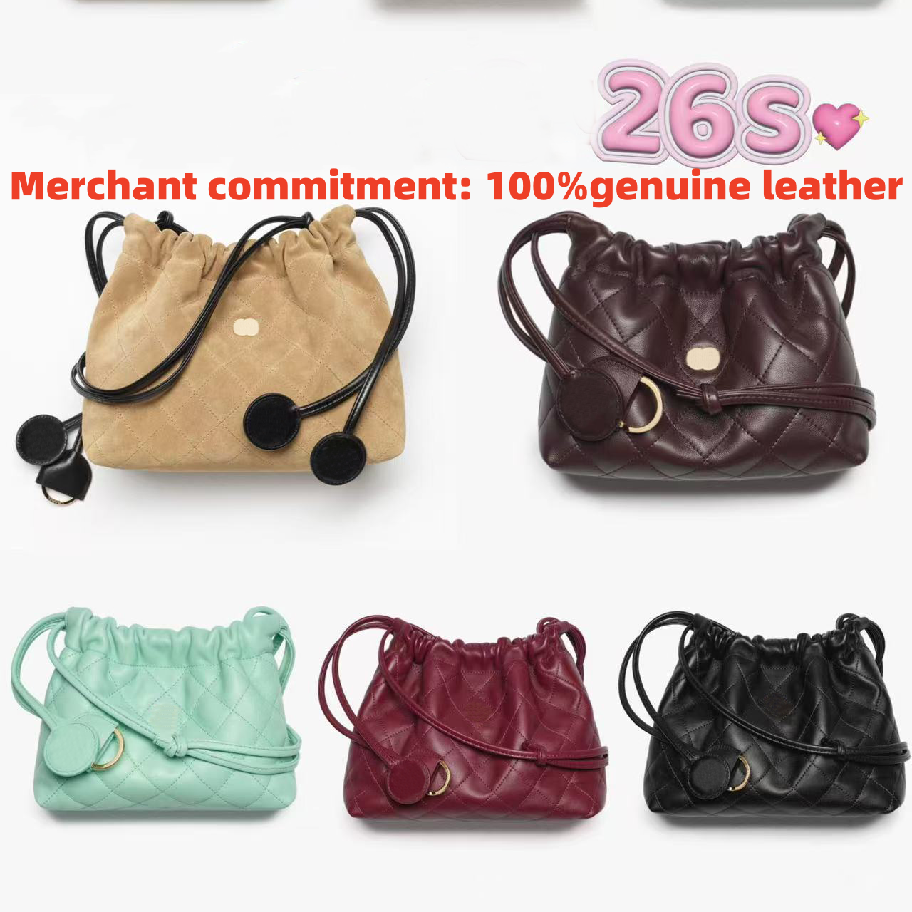 Luxury Designer bags Womens leather 26S Women Small Designer Handbag 26S Pleated Drawstring Bucket Bag Versatile Lucky Bag Fashion Crossbody Shoulder Bag 2026