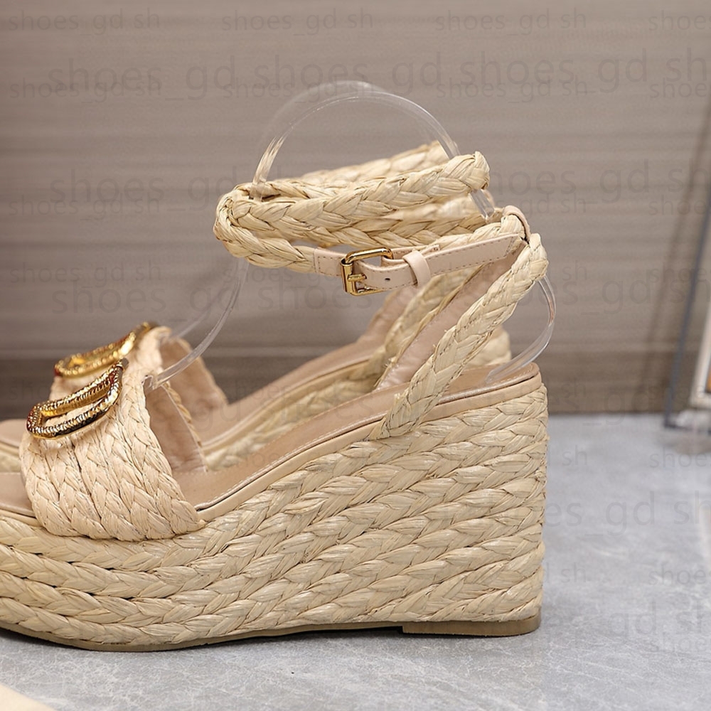 Classics platform wedge Sandals genuine leather ankle strap buckle Lafite grass weaving Chunky Heel heels Open toe toe dress shoe Women Luxury Designers Sandal 35-41