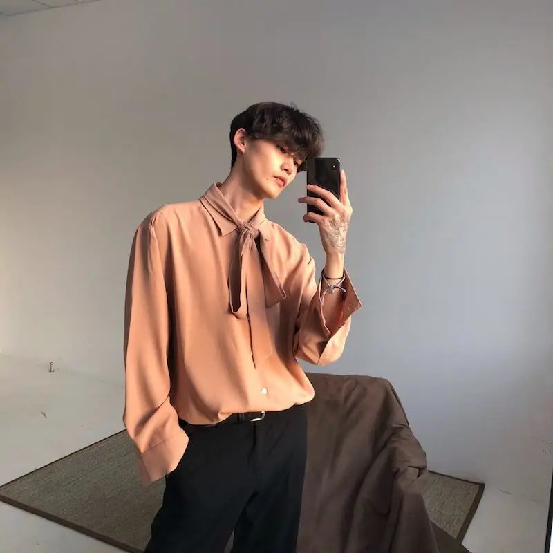 Four Seasons Versatile White Shirt Men Relaxed Simple Chiffon Bow Tie Long Sleeve Casual 260409