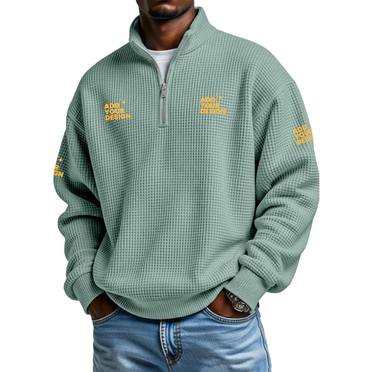 Men's Half Zip Waffle Knit Sweatshirt 95% Polyester 5% Spandex Casual Pullover Relaxed Fit