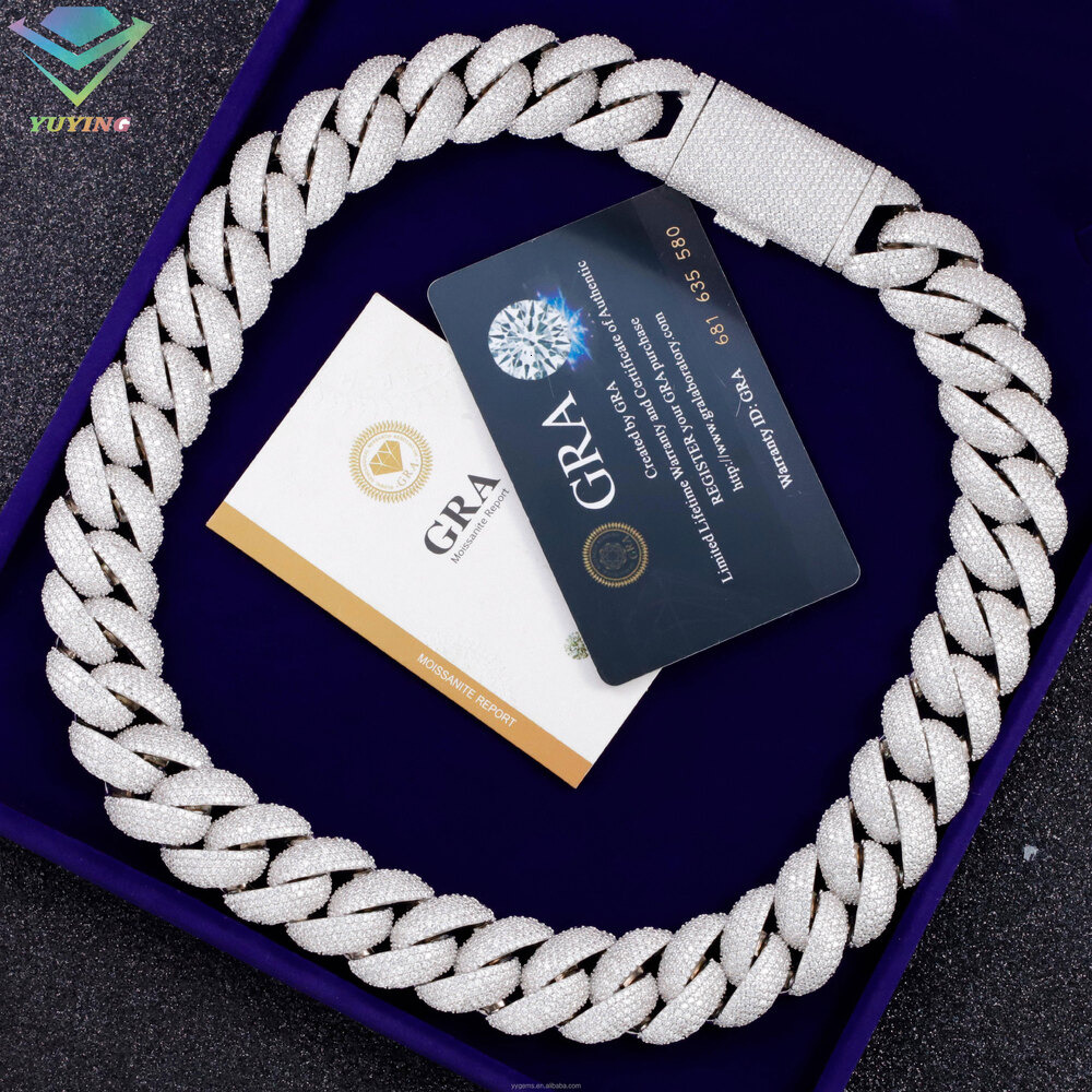 22mm Real VVS Moissanite Mosaic Cuban Link Chain 925 Silver VVS Diamond Chain BustDown Necklace Rapper Miami Hip Hop Jewelry