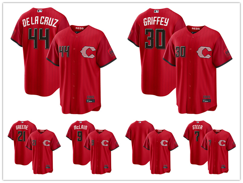 44 Elly De La Cruz 9 Matt McLain 21 Hunter Greene 30 Ken Griffey Jr. 7 Spencer Steer Reds Men 2026 City Connect baseball jersey