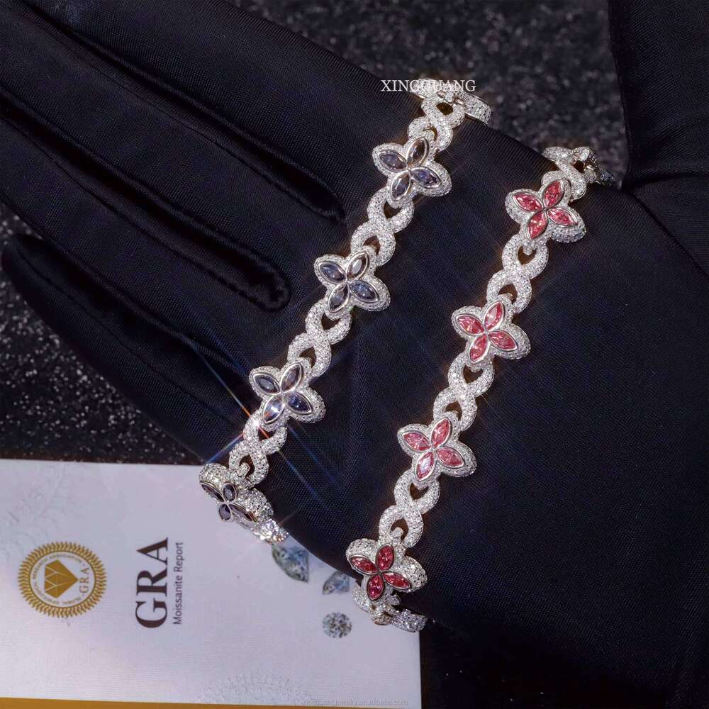 Charm Colorful Marquise Eye Moissanite Four Leaf Clover 925 Silver Cuban Chain Mens Women Jewelry Bracelet Bangles