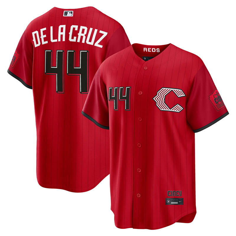 44 Elly De La Cruz 9 Matt McLain 21 Hunter Greene 30 Ken Griffey Jr. 7 Spencer Steer Reds Men 2026 City Connect baseball jersey