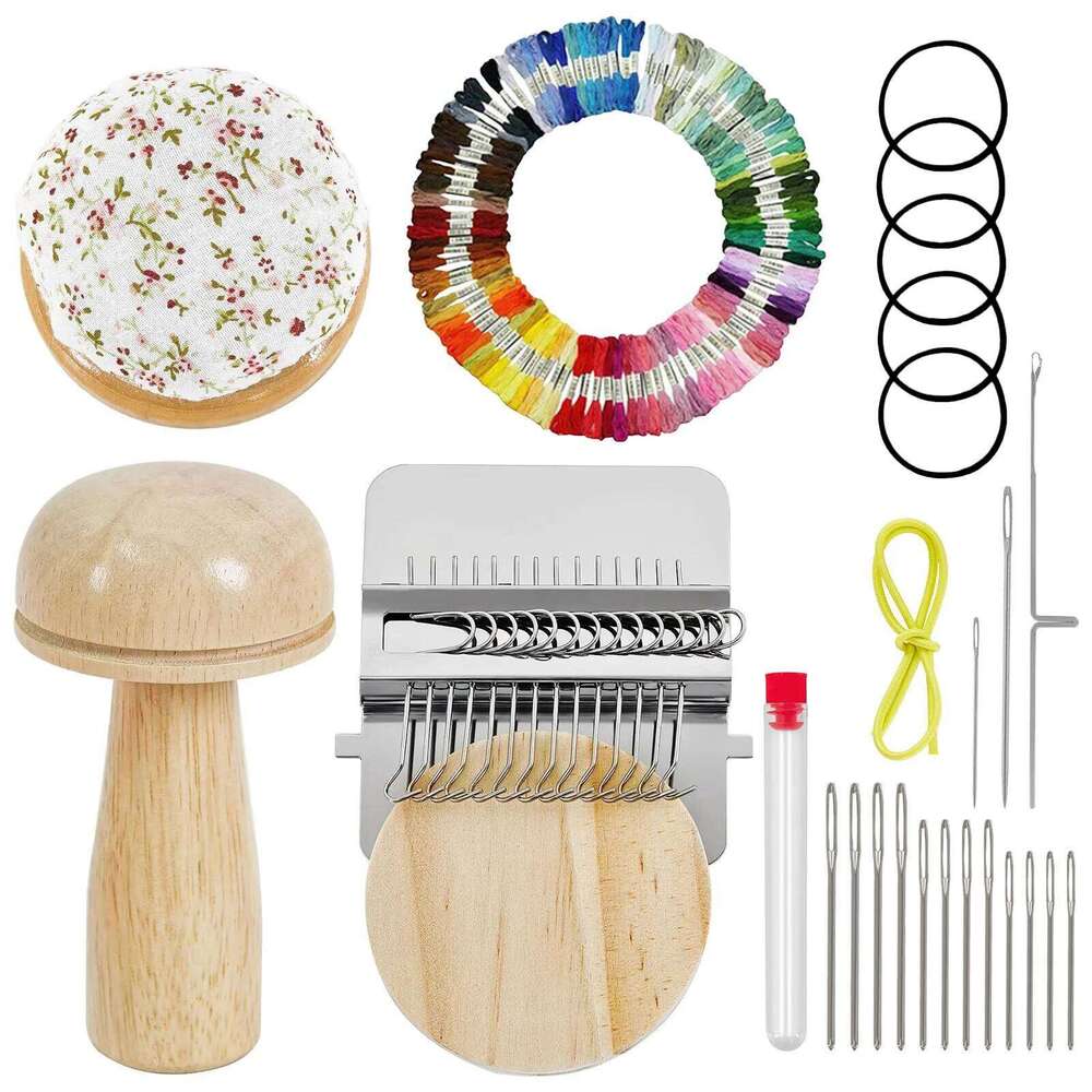 Mini Darning Loom, Mushroom Knit Patch Kit w/ 14 Hooks Hand Tapestry Wood Loom Weaving Frame 50/100 Color Thread for DIY Mending