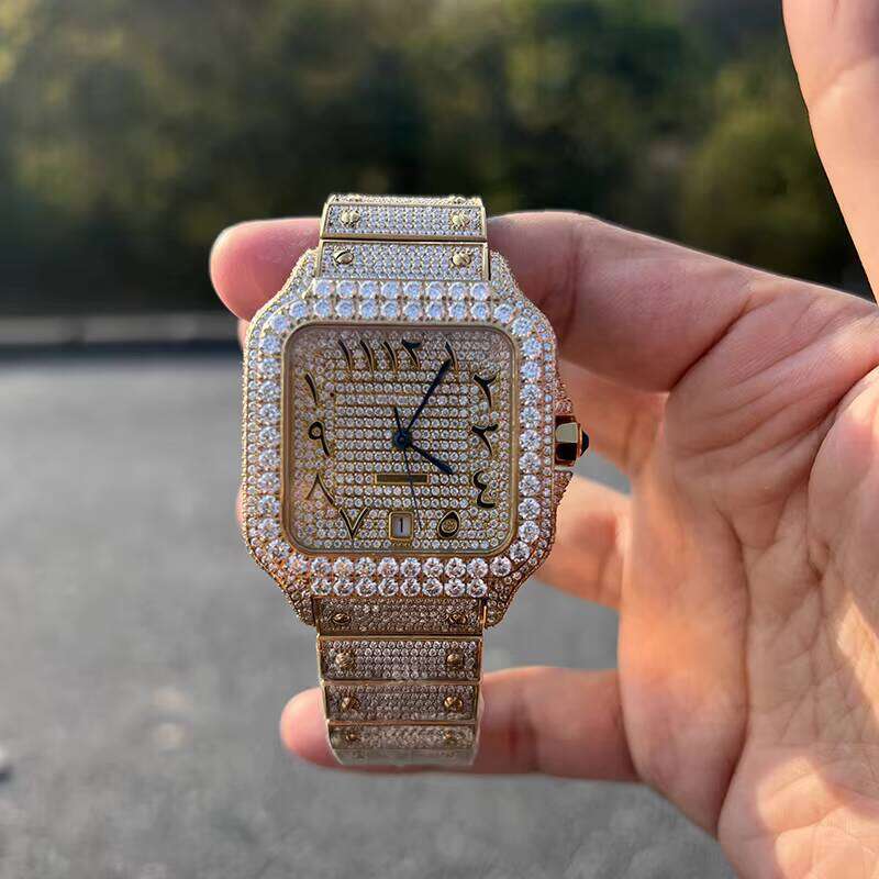 Luxury Men Stainless Steel Yellow Gold Plated Roman Dial Fully Iced Out VVS Moissanite Diamond Watch