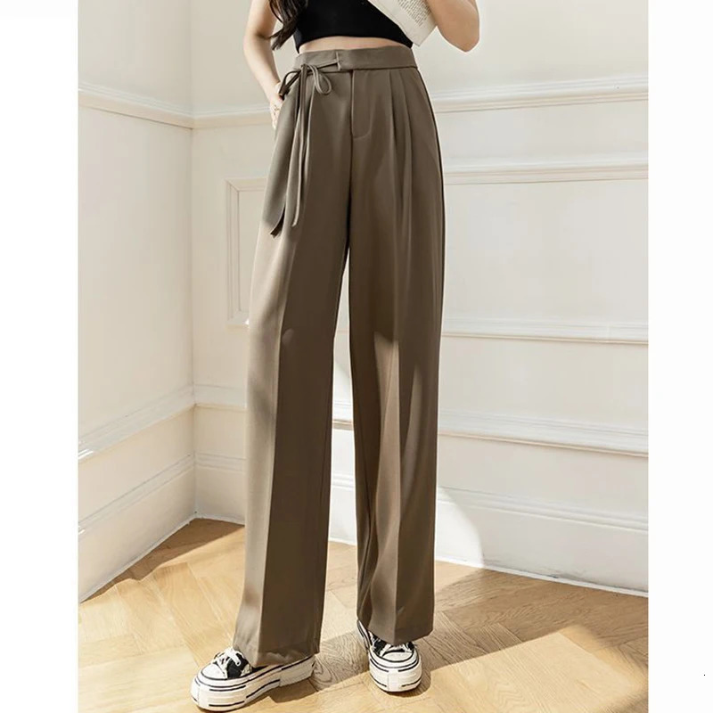 Spring Women Lace Up Straight Leg Suit Pants Female Solid Color High Waisted Trousers Lady Chic All Match Work Pants 260409